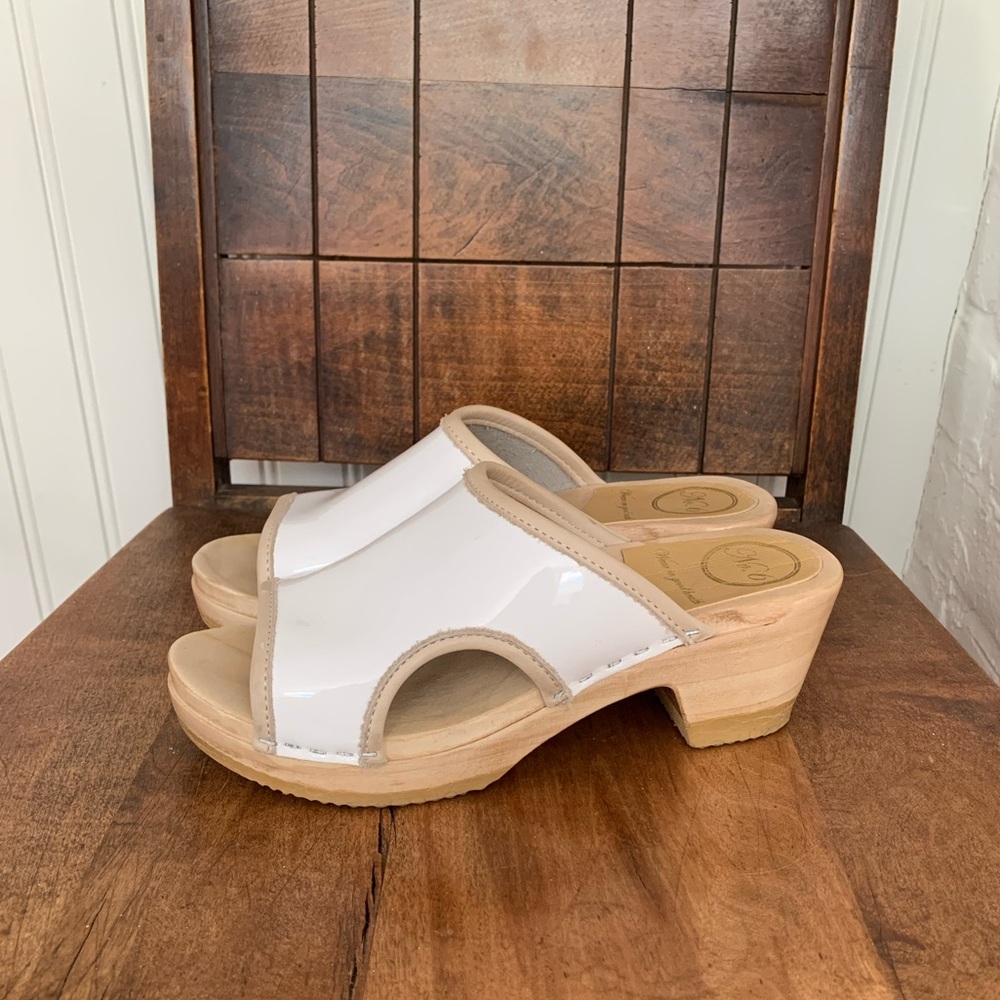 No. 6 Alexis Clog on Mid Heel in White Patent